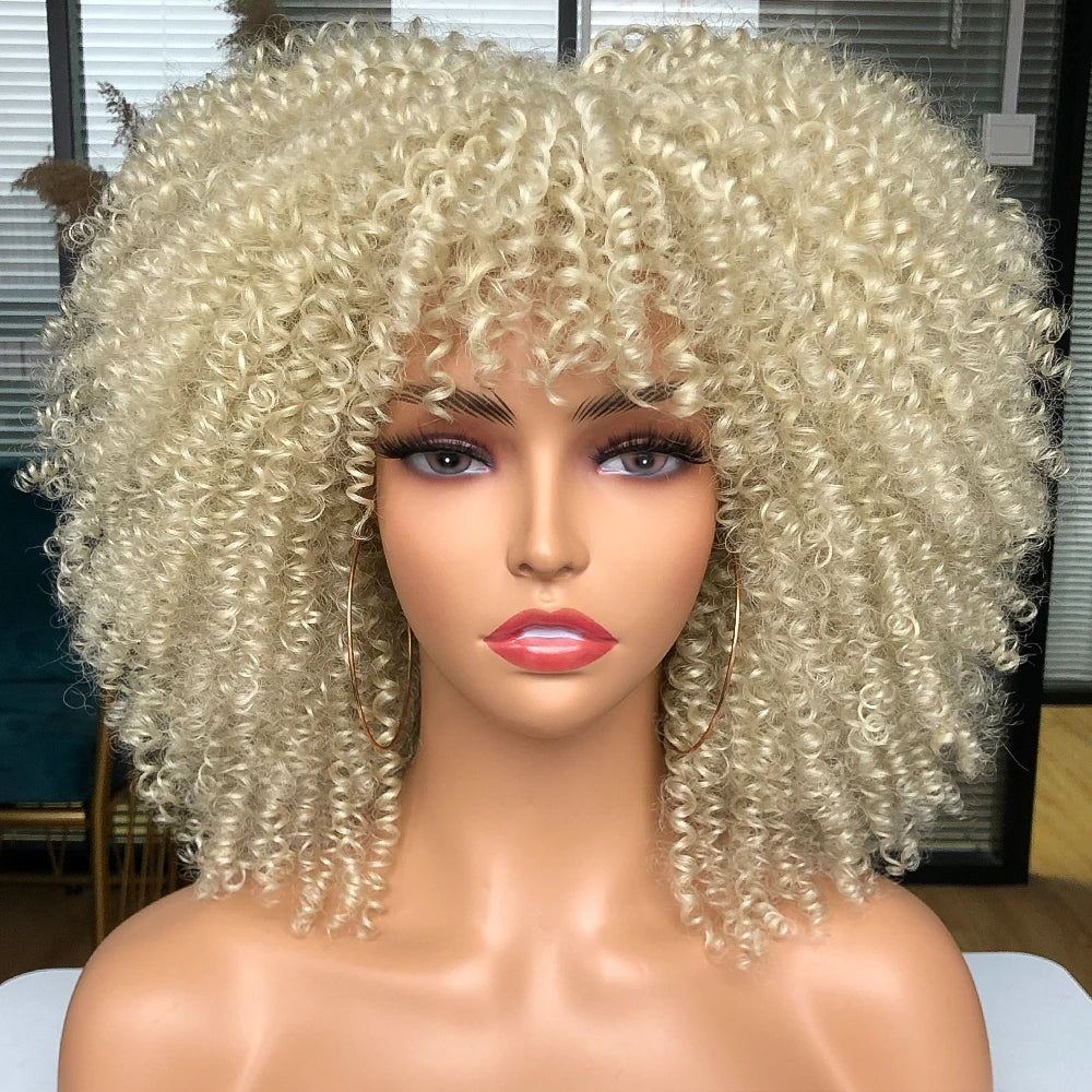 Synthetic Short Afro Kinky Curly Wigs With Bangs