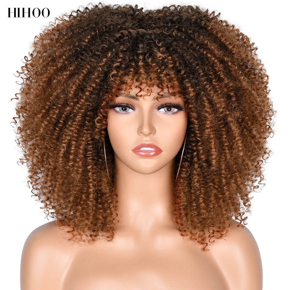 Synthetic Short Afro Kinky Curly Wigs With Bangs