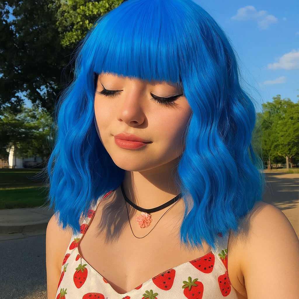 Short Bangs Blue Wavy Bob Wig