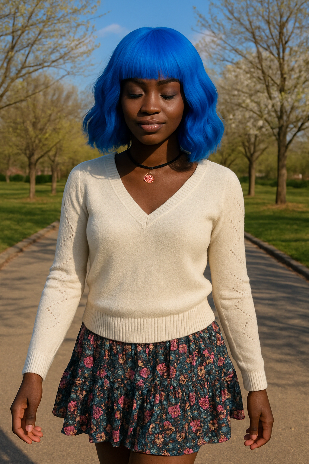 Short Bangs Blue Wavy Bob Wig