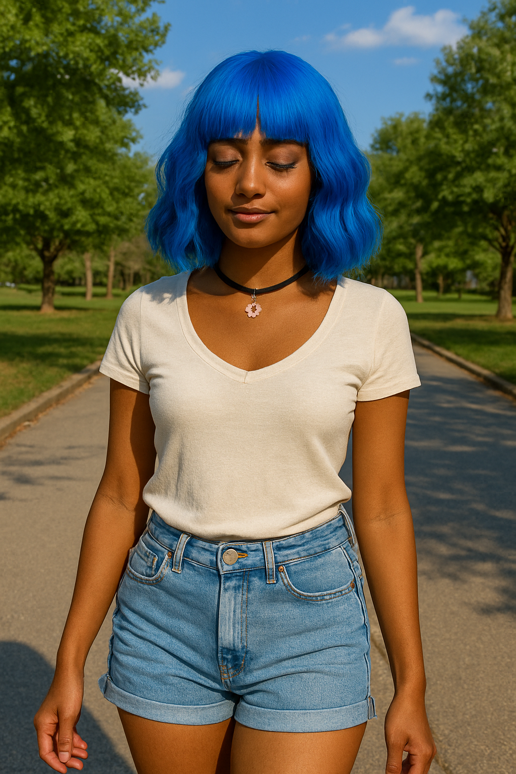 Short Bangs Blue Wavy Bob Wig