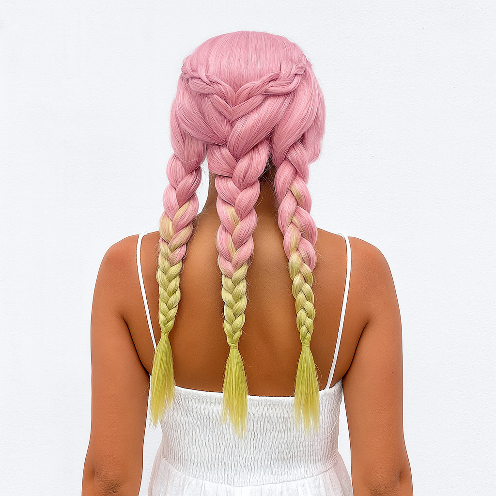 Heat Resistant Pink & Green Braided Cosplay Wig – Long Anime Style Costume Hair”