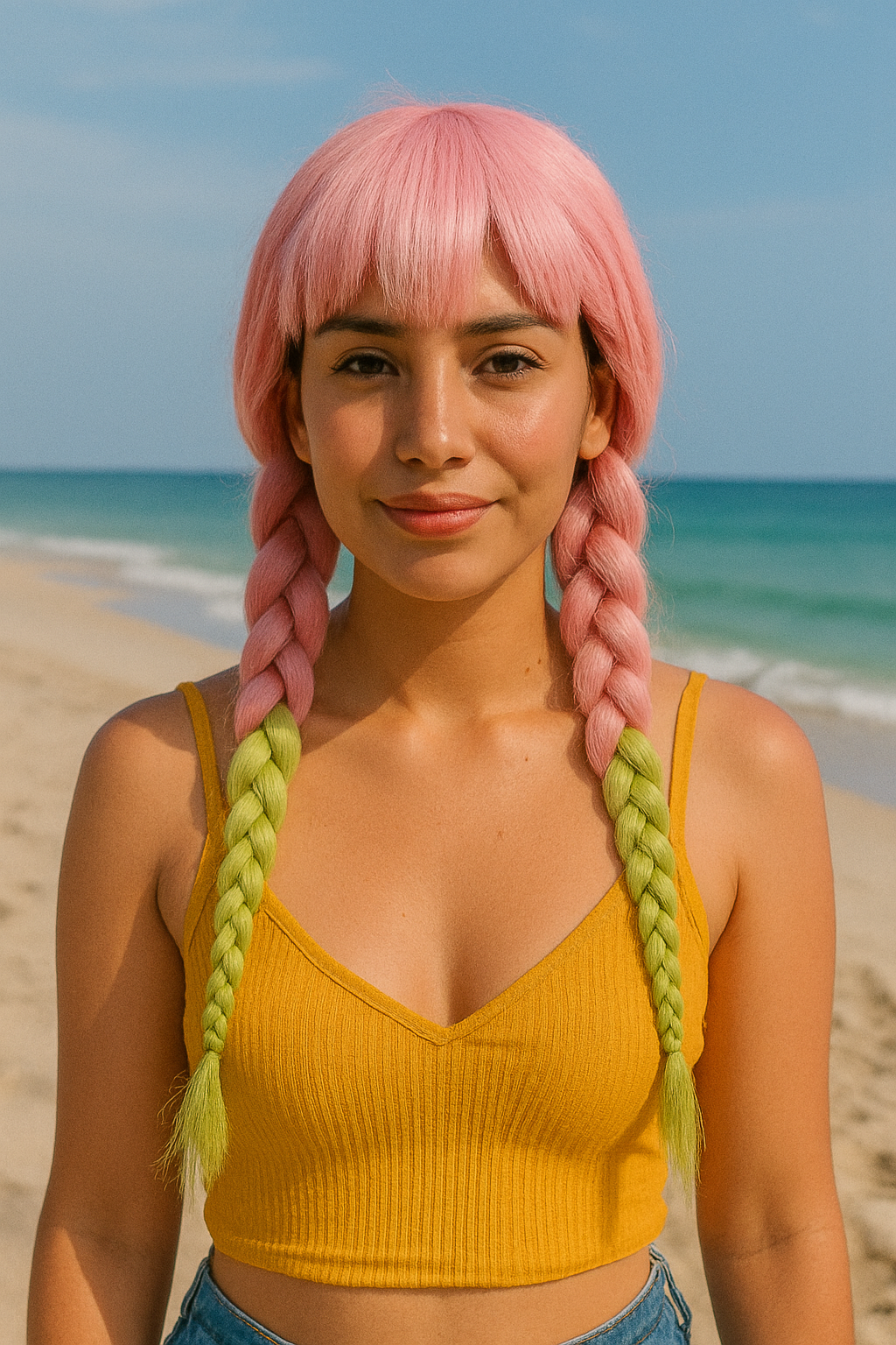 Heat Resistant Pink & Green Braided Cosplay Wig – Long Anime Style Costume Hair”