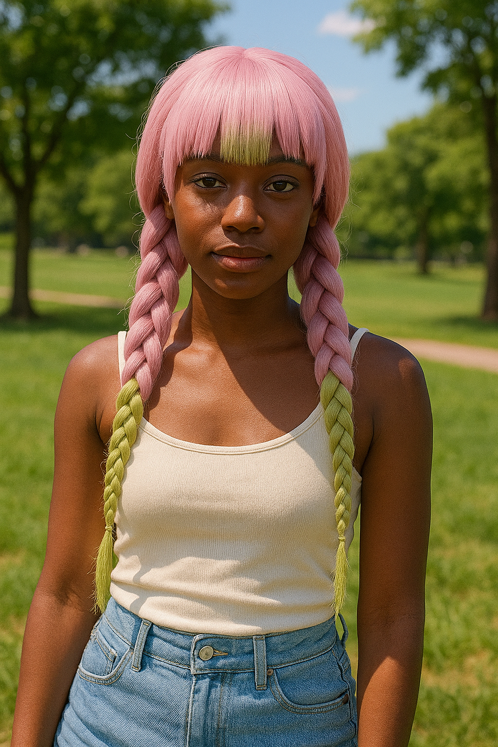 Heat Resistant Pink & Green Braided Cosplay Wig – Long Anime Style Costume Hair”