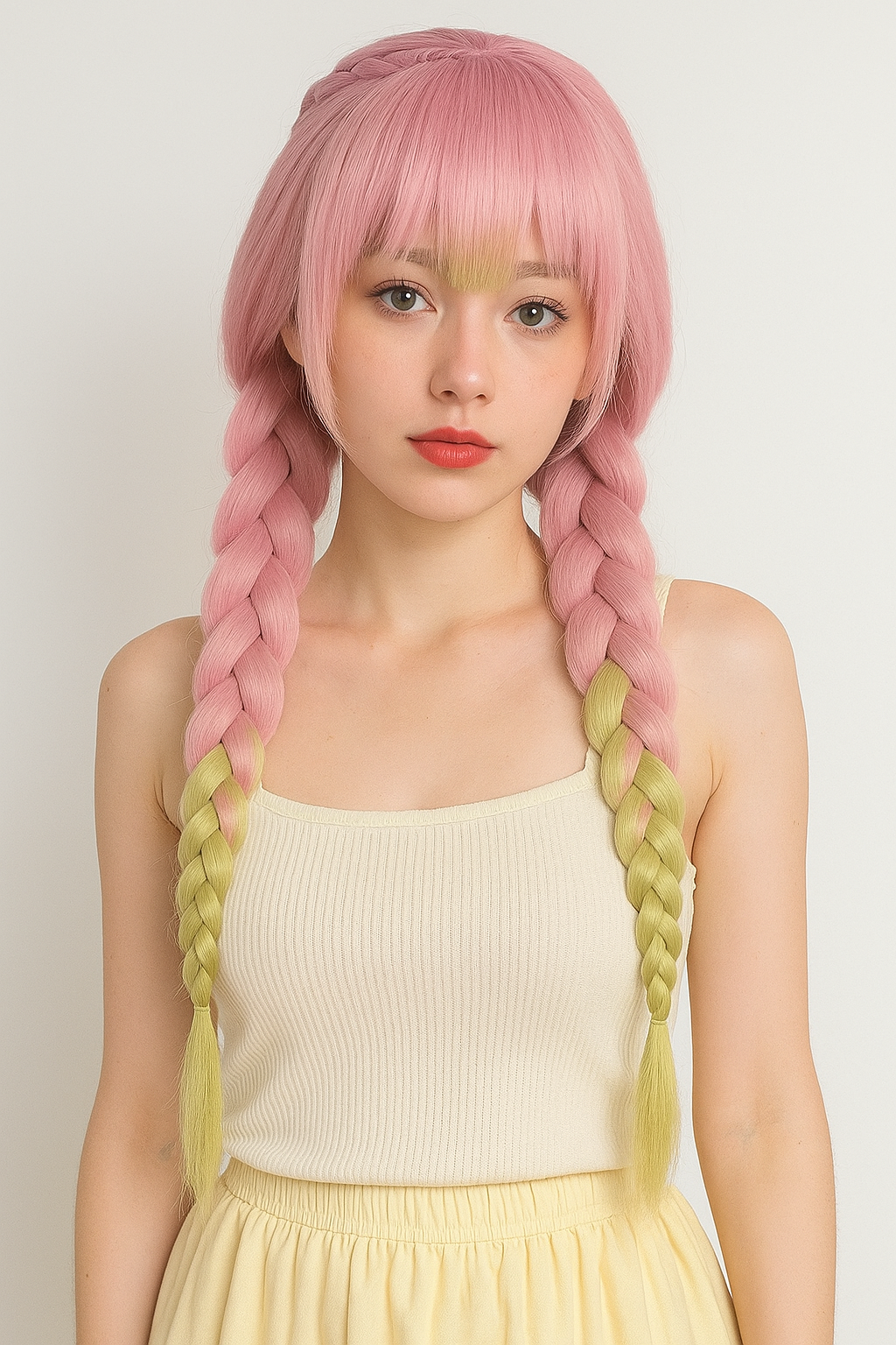 Heat Resistant Pink & Green Braided Cosplay Wig – Long Anime Style Costume Hair”