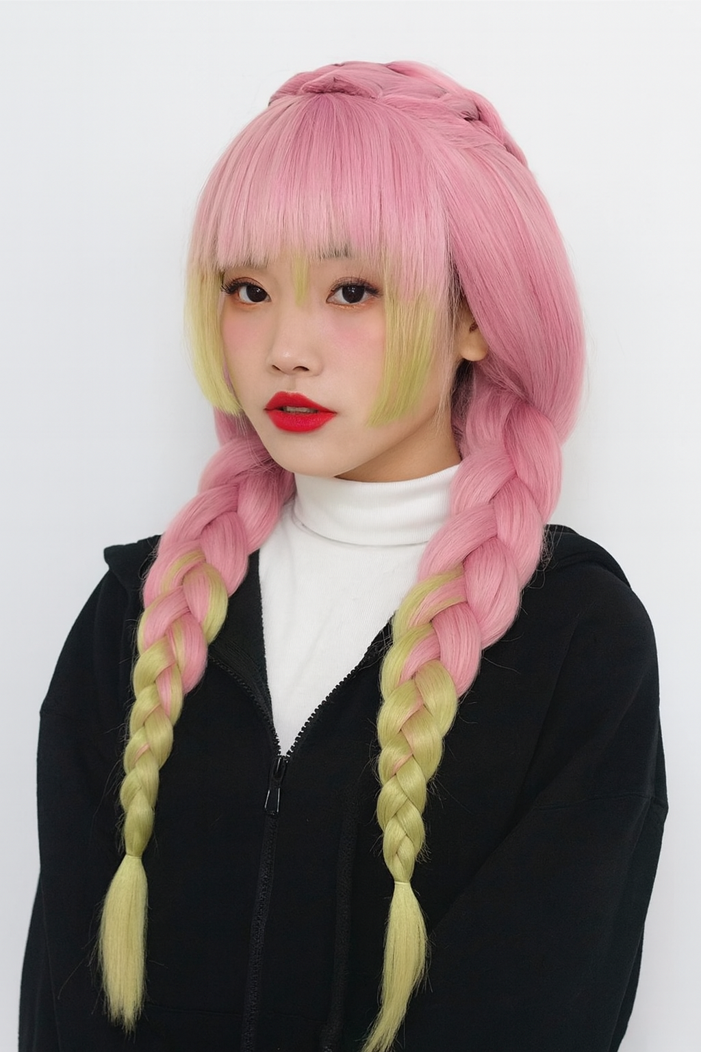 Heat Resistant Pink & Green Braided Cosplay Wig – Long Anime Style Costume Hair”