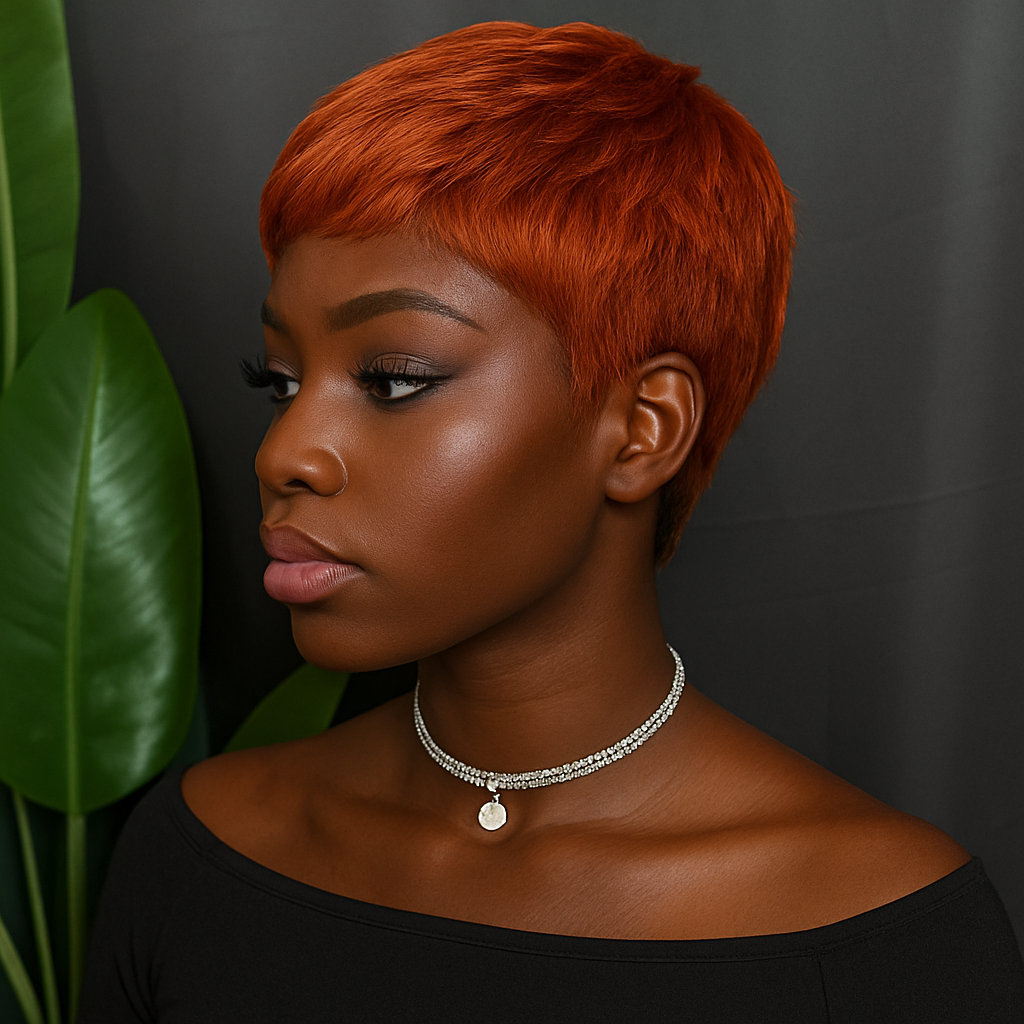 4in Fiery Orange Pixie Cut Wig – Brazilian French Curl, 100% Raw Virgin Human Hair