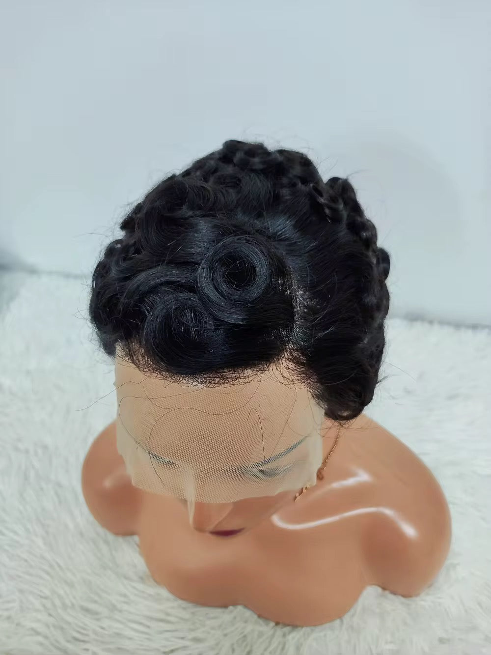 Vintage Short Pin Curl Style 100% Virgin Brazilian Lace Front Wig – Natural Black Pin Curl Retro Style
