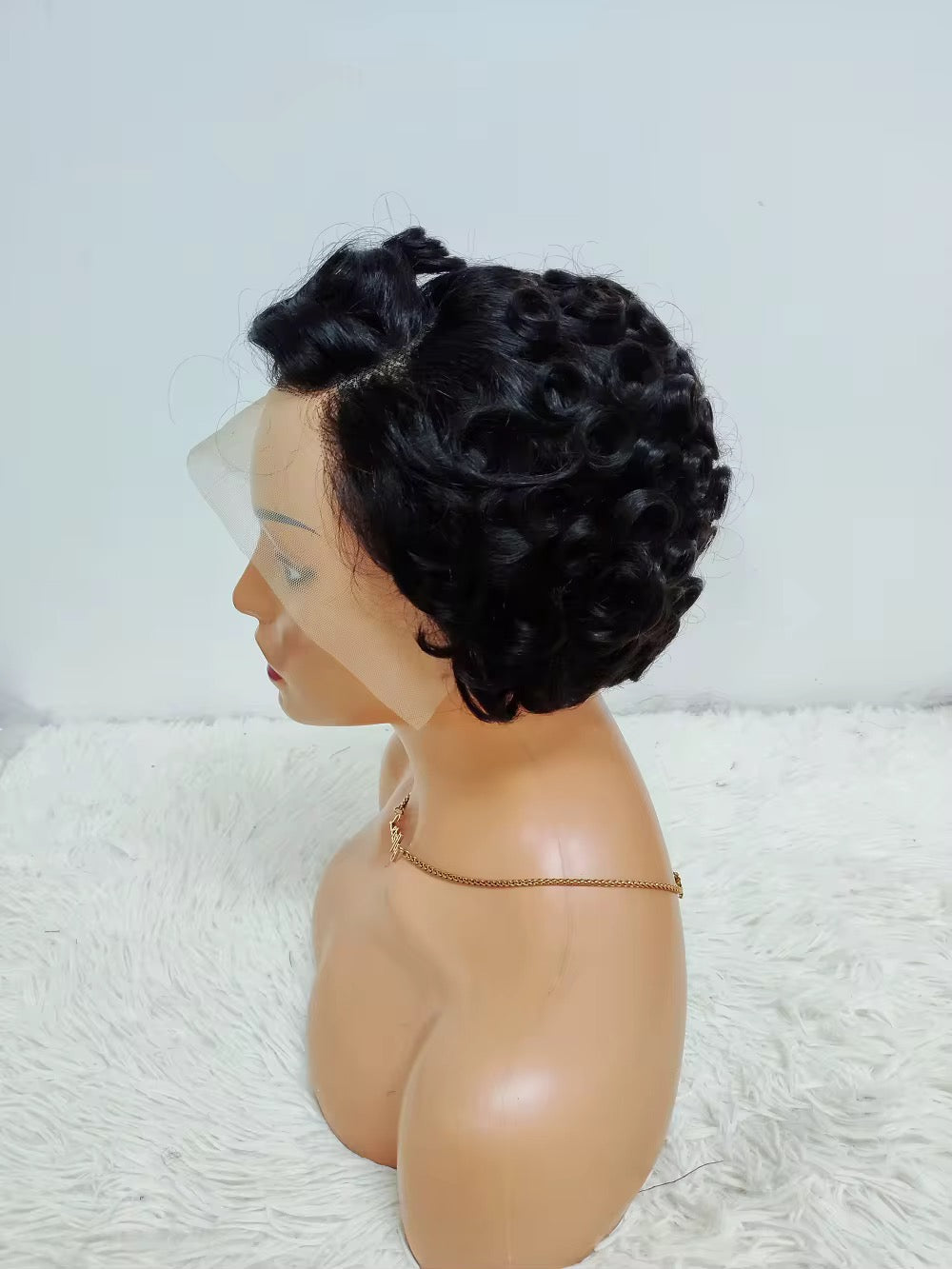 Vintage Short Pin Curl Style 100% Virgin Brazilian Lace Front Wig – Natural Black Pin Curl Retro Style