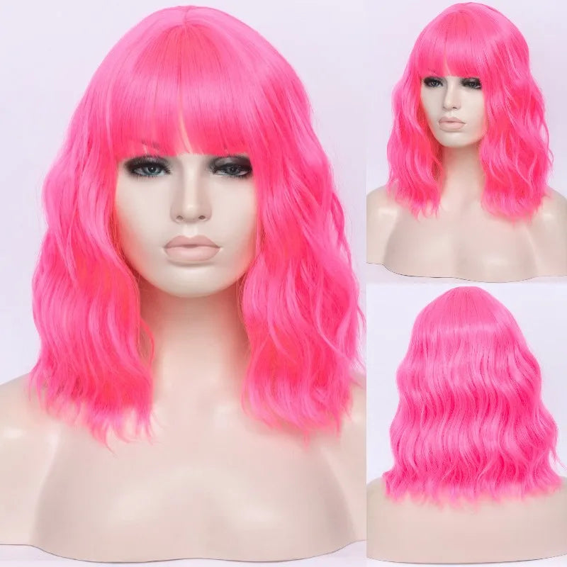 VICWIG Cosplay Wigs for Women Bobo Green Red Blue Purple Orange Black Pink Wig Short Curly Synthetic Wig With Bangs