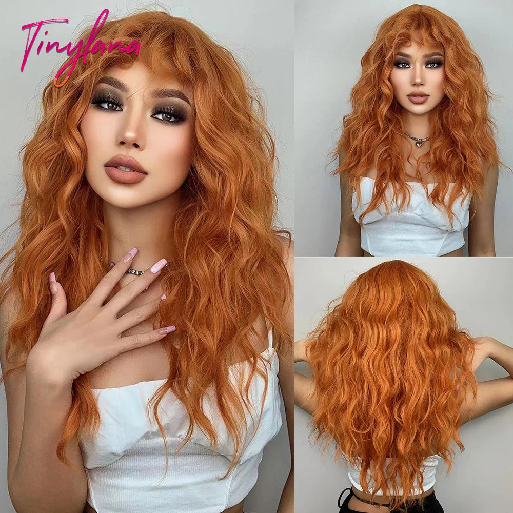 Curly Long Colored Wave Synthetic Wigs with Bangs Heat Resistant