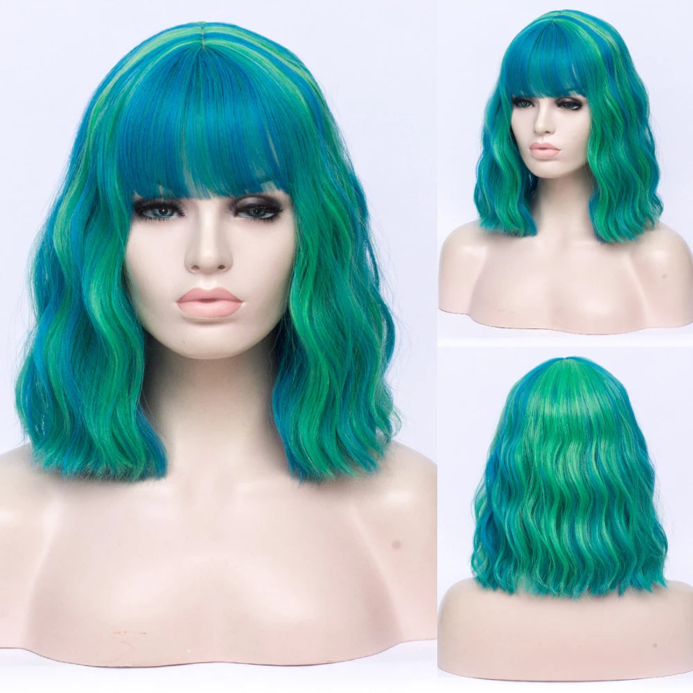 VICWIG Cosplay Wigs for Women Bobo Green Red Blue Purple Orange Black Pink Wig Short Curly Synthetic Wig With Bangs