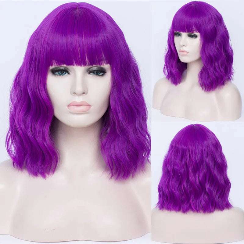 VICWIG Cosplay Wigs for Women Bobo Green Red Blue Purple Orange Black Pink Wig Short Curly Synthetic Wig With Bangs