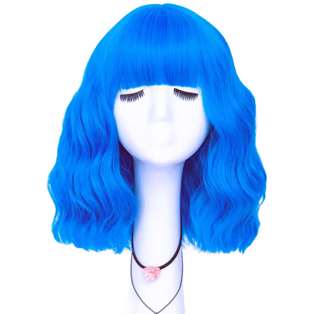 Short Bangs Blue Wavy Bob Wig