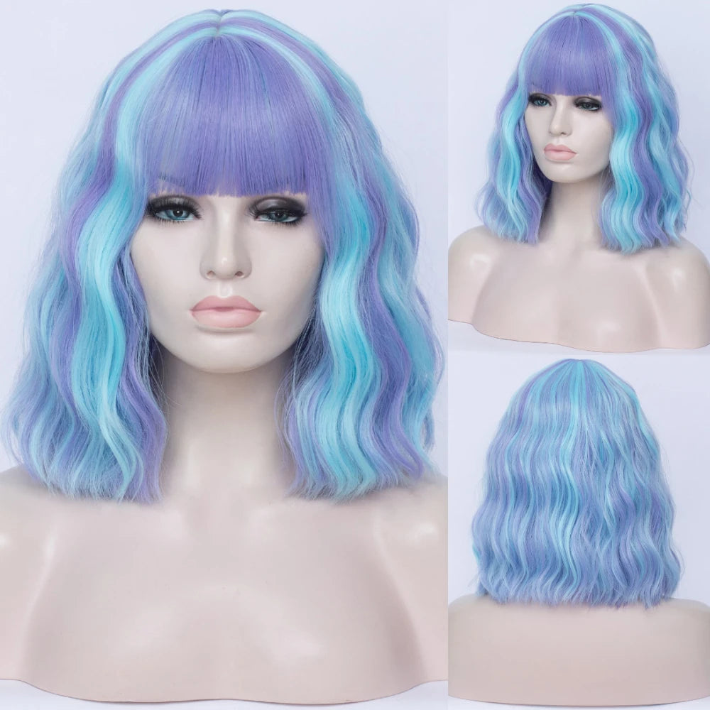 VICWIG Cosplay Wigs for Women Bobo Green Red Blue Purple Orange Black Pink Wig Short Curly Synthetic Wig With Bangs