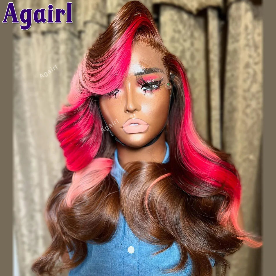 13x4 Pre Plucked Pink Red Brown Ombre Human Hair Lace Frontal Human Hair Body Wave Wig