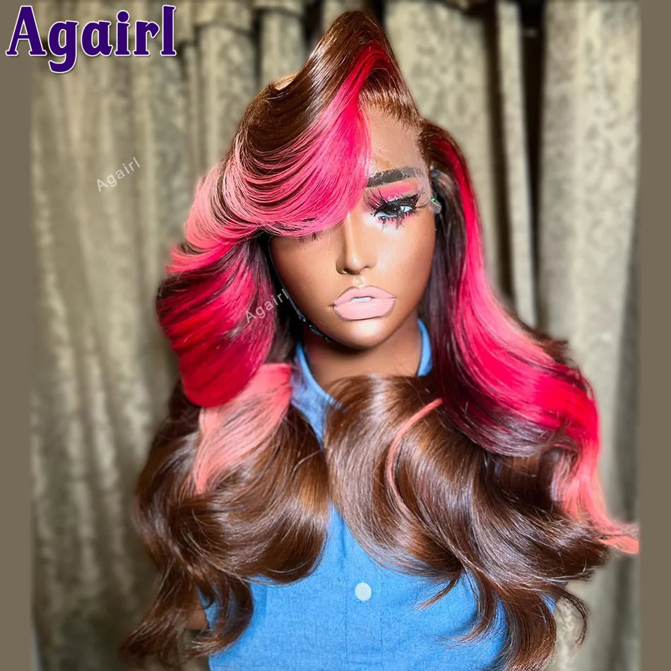 13x4 Pre Plucked Pink Red Brown Ombre Human Hair Lace Frontal Human Hair Body Wave Wig