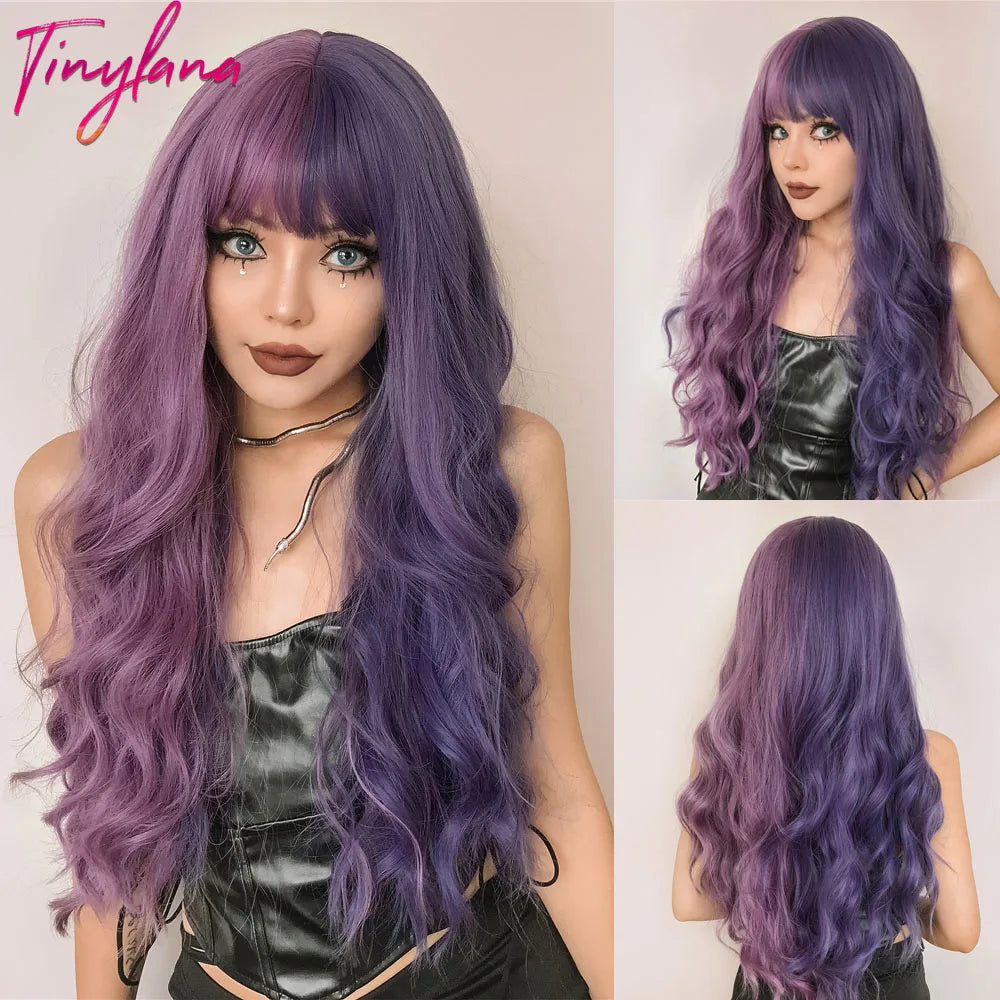 Curly Long Colored Wave Synthetic Wigs with Bangs Heat Resistant