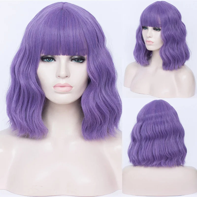VICWIG Cosplay Wigs for Women Bobo Green Red Blue Purple Orange Black Pink Wig Short Curly Synthetic Wig With Bangs