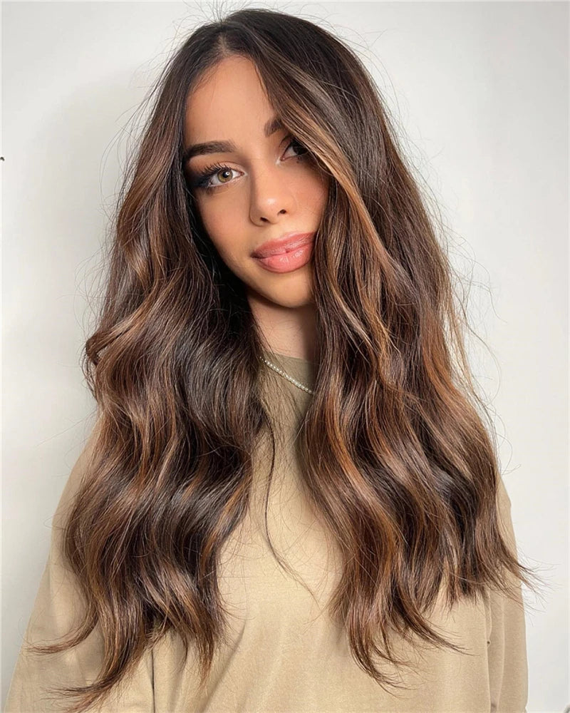 Top Quality Glueless Honey Brown Caramel Highlights Synthetic Lace Front Wig – Heat Resistant, Pre-Plucked Natural Hairline