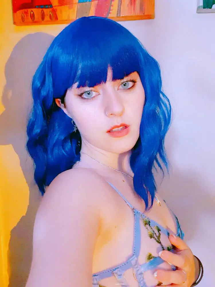 Short Bangs Blue Wavy Bob Wig