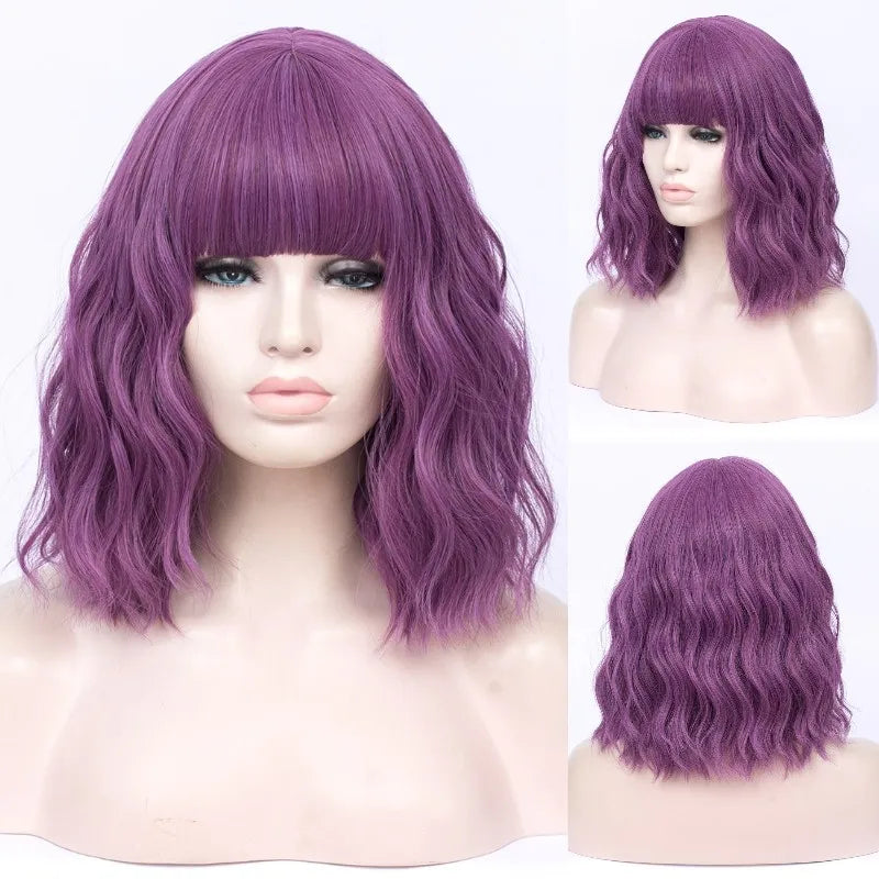 VICWIG Cosplay Wigs for Women Bobo Green Red Blue Purple Orange Black Pink Wig Short Curly Synthetic Wig With Bangs
