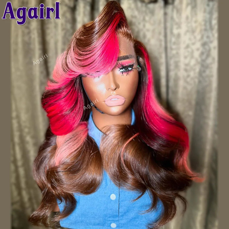 13x4 Pre Plucked Pink Red Brown Ombre Human Hair Lace Frontal Human Hair Body Wave Wig
