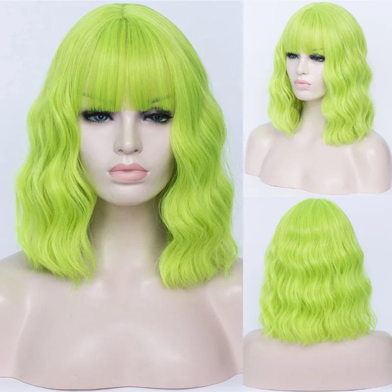 VICWIG Cosplay Wigs for Women Bobo Green Red Blue Purple Orange Black Pink Wig Short Curly Synthetic Wig With Bangs
