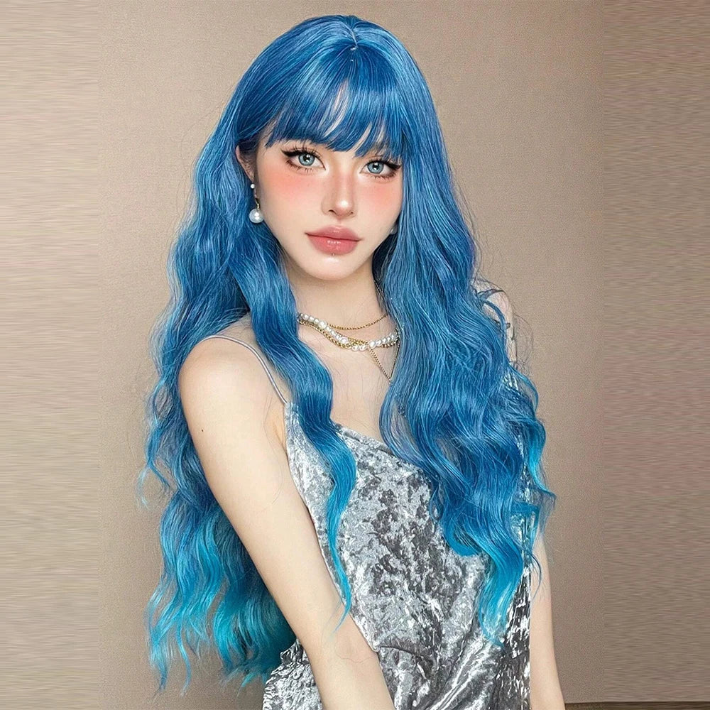 Curly Long Colored Wave Synthetic Wigs with Bangs Heat Resistant