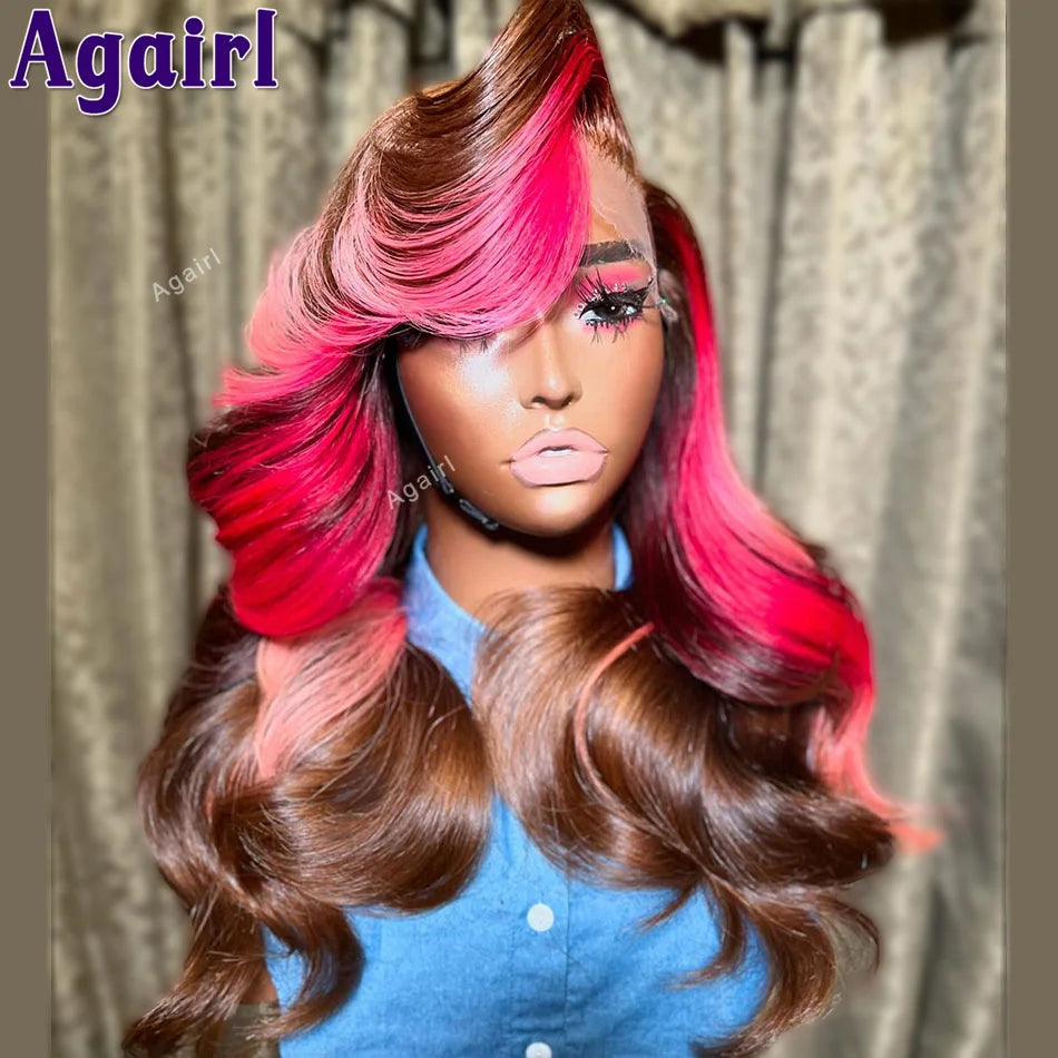 13x4 Pre Plucked Pink Red Brown Ombre Human Hair Lace Frontal Human Hair Body Wave Wig