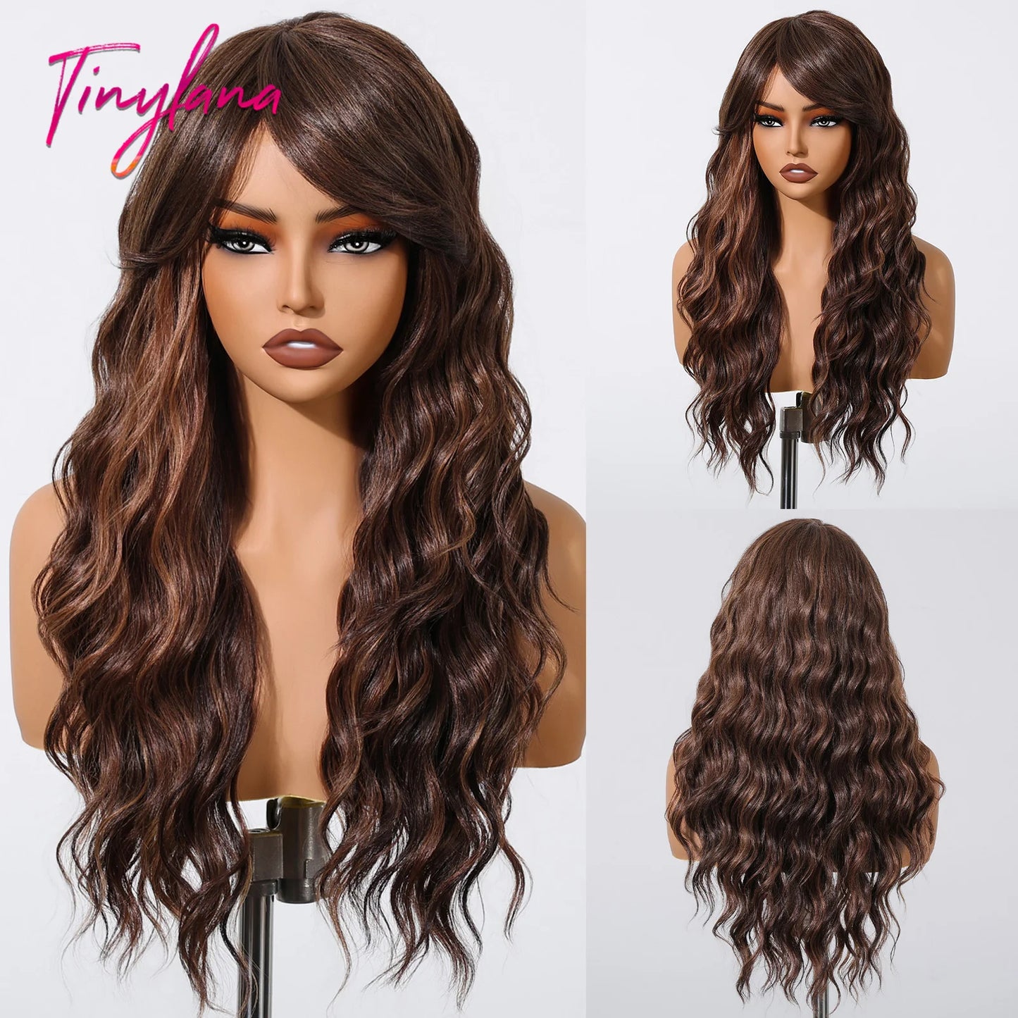 Curly Long Colored Wave Synthetic Wigs with Bangs Heat Resistant