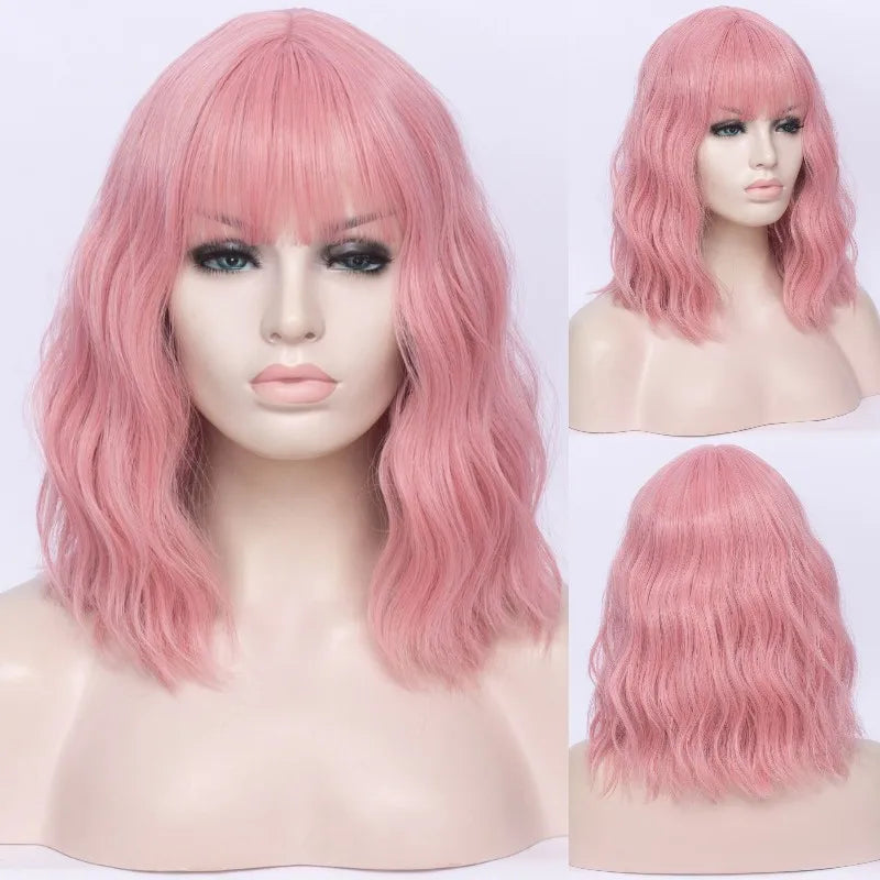 VICWIG Cosplay Wigs for Women Bobo Green Red Blue Purple Orange Black Pink Wig Short Curly Synthetic Wig With Bangs