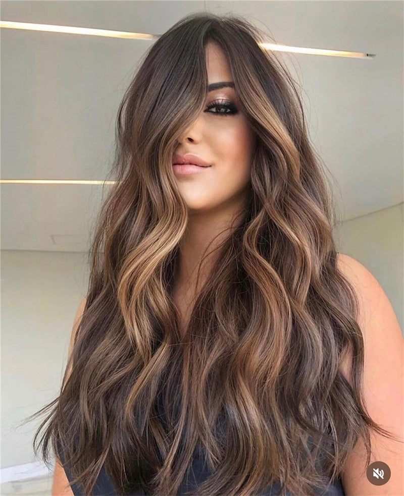 Top Quality Glueless Honey Brown Caramel Highlights Synthetic Lace Front Wig – Heat Resistant, Pre-Plucked Natural Hairline