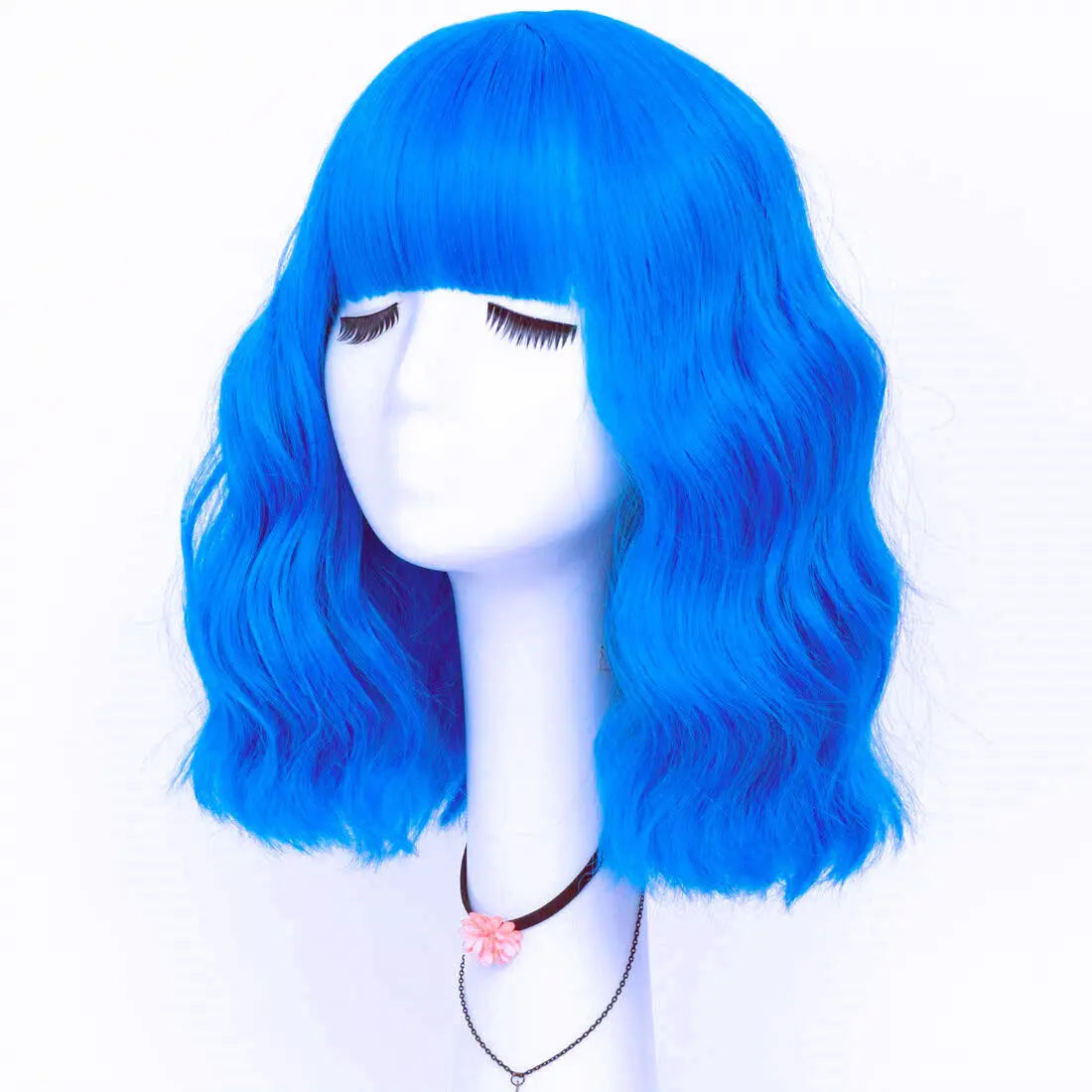 Short Bangs Blue Wavy Bob Wig