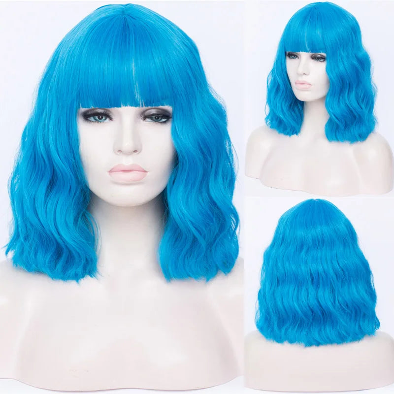 VICWIG Cosplay Wigs for Women Bobo Green Red Blue Purple Orange Black Pink Wig Short Curly Synthetic Wig With Bangs