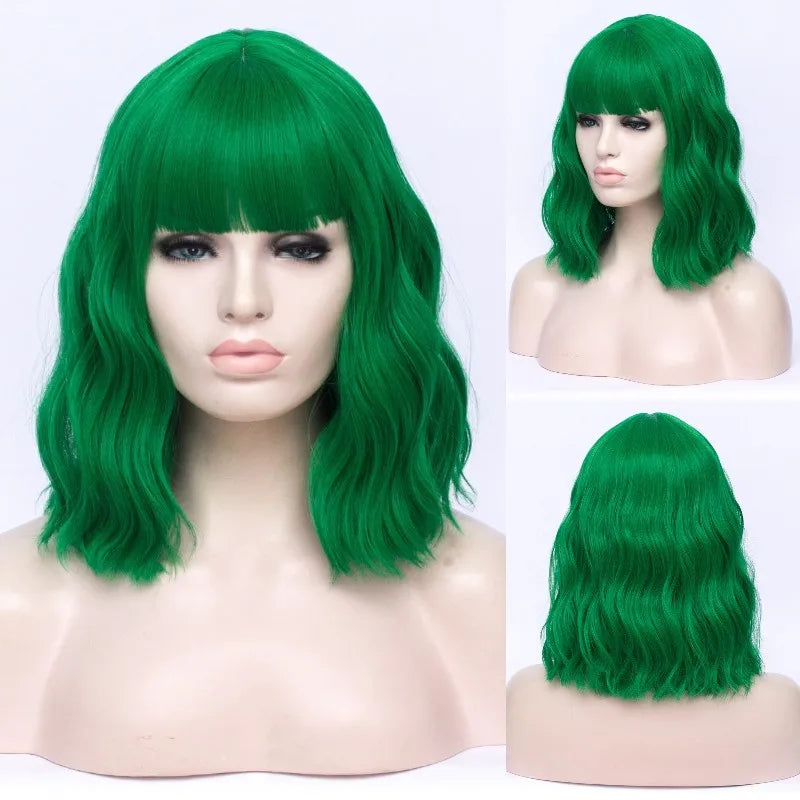 VICWIG Cosplay Wigs for Women Bobo Green Red Blue Purple Orange Black Pink Wig Short Curly Synthetic Wig With Bangs