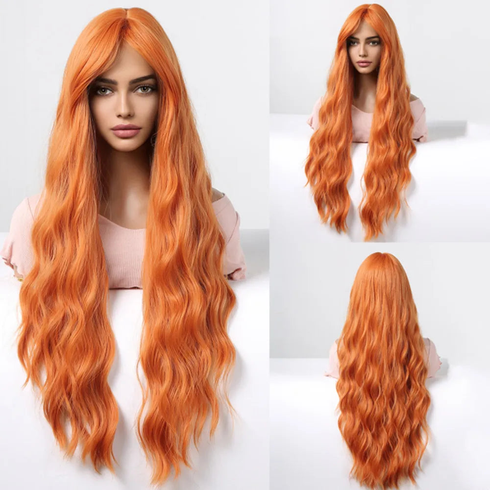 Curly Long Colored Wave Synthetic Wigs with Bangs Heat Resistant