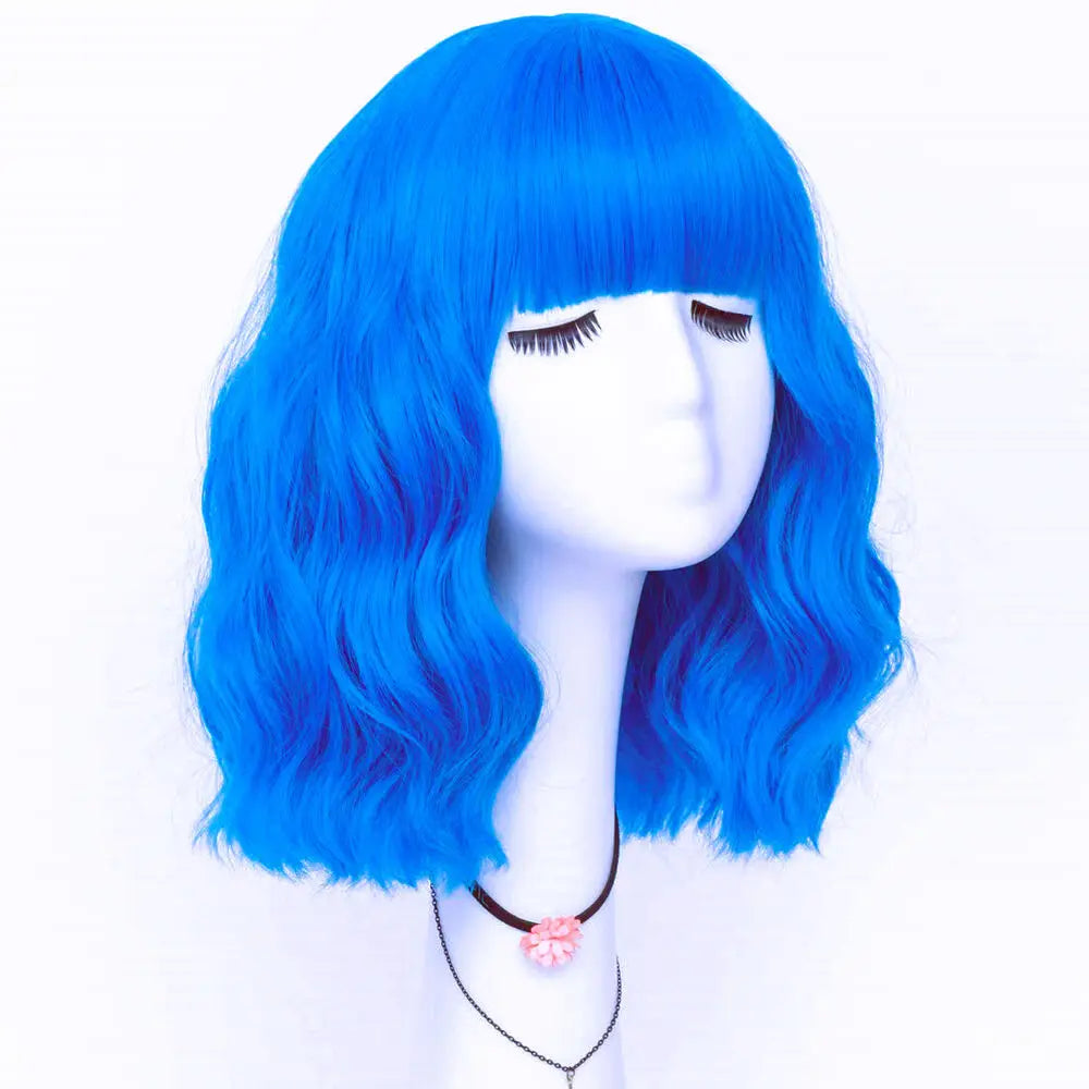 Short Bangs Blue Wavy Bob Wig