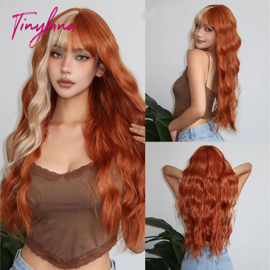Curly Long Colored Wave Synthetic Wigs with Bangs Heat Resistant