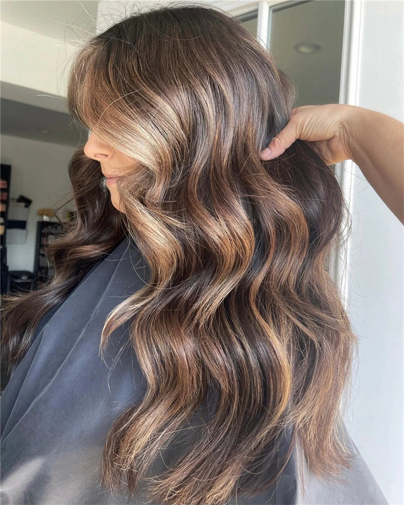Top Quality Glueless Honey Brown Caramel Highlights Synthetic Lace Front Wig – Heat Resistant, Pre-Plucked Natural Hairline