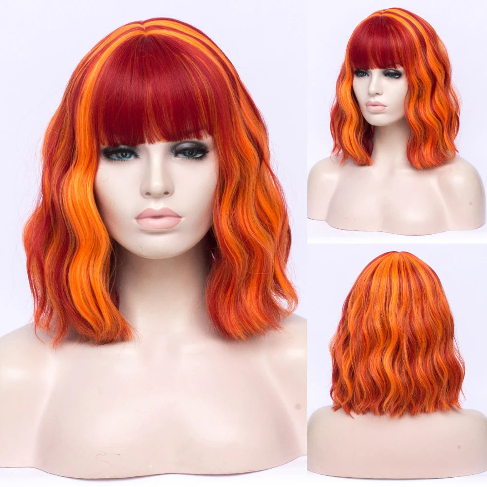 VICWIG Cosplay Wigs for Women Bobo Green Red Blue Purple Orange Black Pink Wig Short Curly Synthetic Wig With Bangs