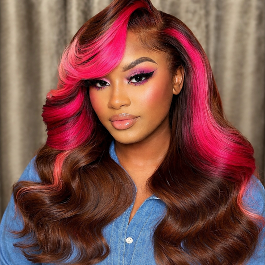 13x4 Pre Plucked  Pink Red Brown Ombre Human Hair Lace Frontal Human Hair Body Wave Wig