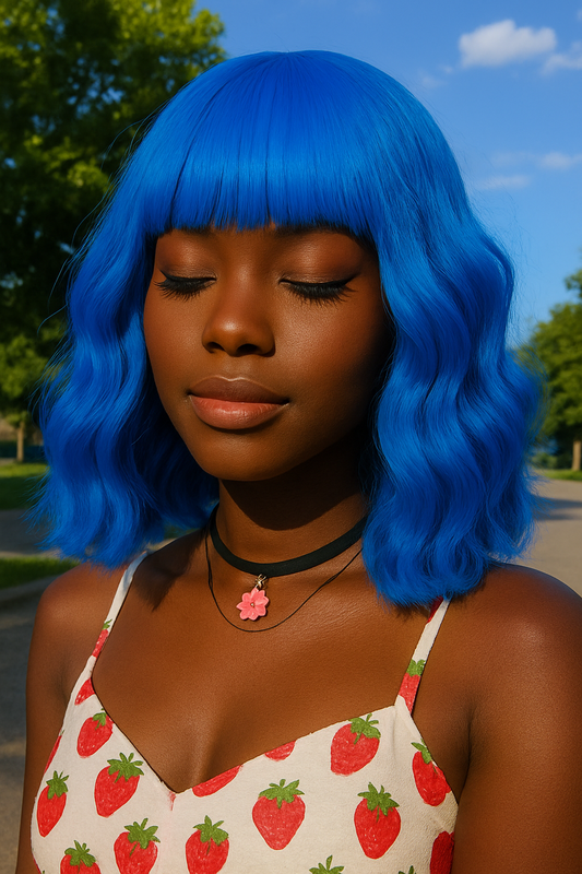 Short Bangs  Blue Wavy Bob Wig