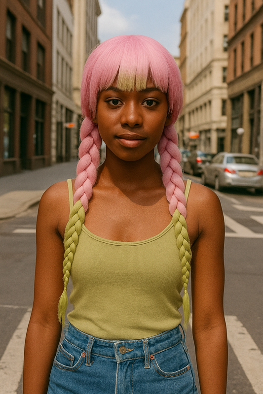 Heat Resistant Pink & Green Braided Cosplay Wig – Long Anime Style Costume Hair”