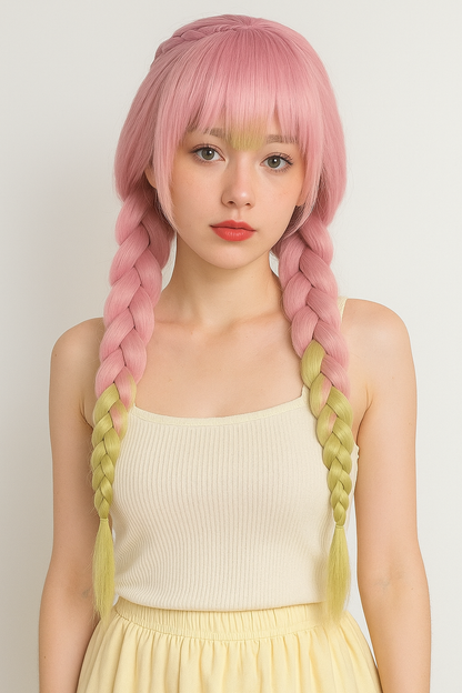 Heat Resistant Pink & Green Braided Cosplay Wig – Long Anime Style Costume Hair”