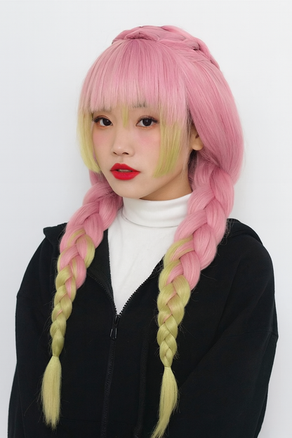 Heat Resistant Pink & Green Braided Cosplay Wig – Long Anime Style Costume Hair”