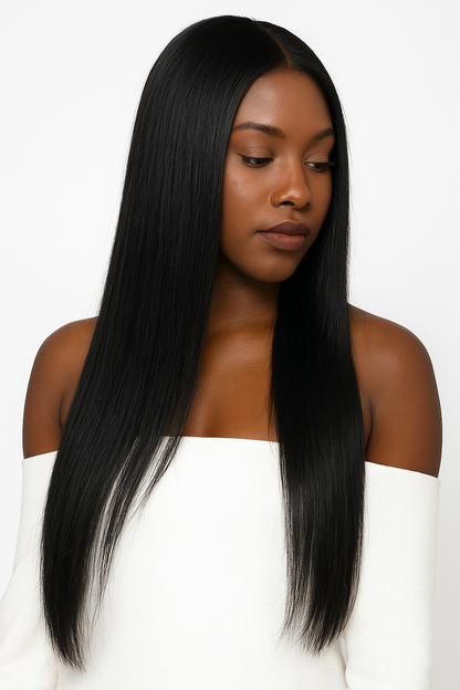 Straight Raw Virgin Tape-In Hair Extensions – 100% Unprocessed Human Hair, Natural Black, Seamless & Reusable