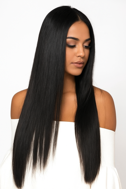 Straight Raw Virgin Tape-In Hair Extensions – 100% Unprocessed Human Hair, Natural Black, Seamless & Reusable