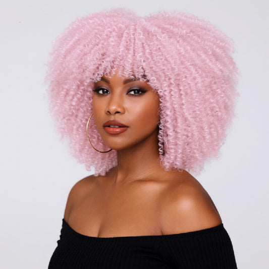 Pink Curly Afro Wig – Voluminous Natural-Look Synthetic Wig