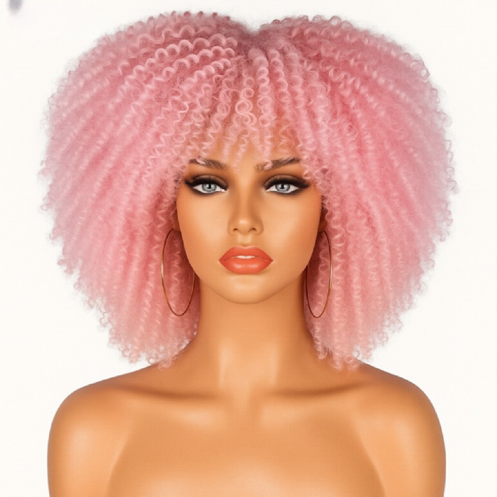 Pink Curly Afro Wig – Voluminous Natural-Look Synthetic Wig